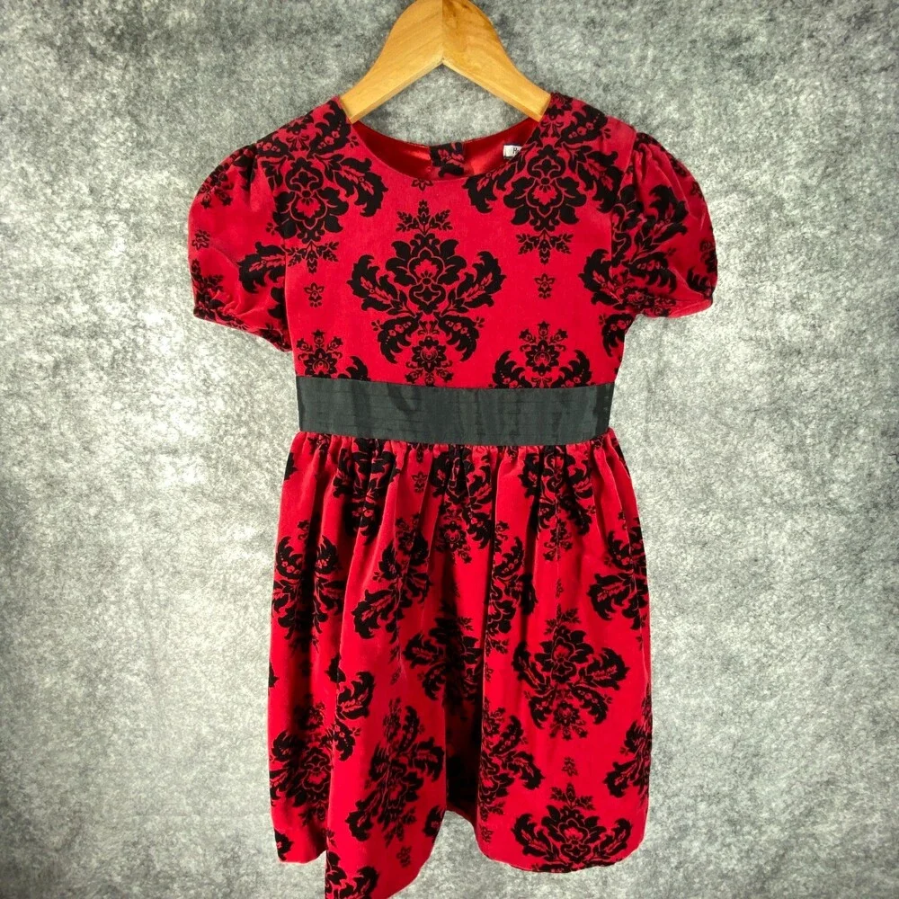 Hartstrings Dress Girls 8 Red Black Velvet Palampore Floral Ribbon Cotton Party